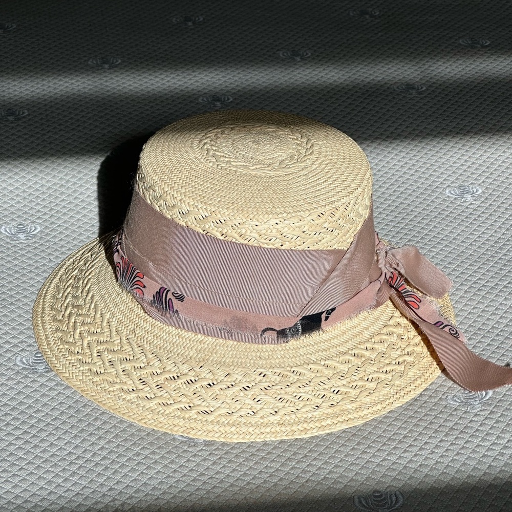 Sensi Studio Straw Lamp Shade Hat Printed Fabric Ribbon Band Natural Medium